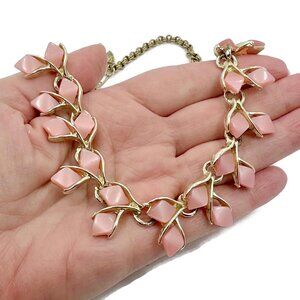 Pink Moonglow, Vintage Necklace, Gold Tone, 50s, Vintage, 60s, Lucite, Plastic